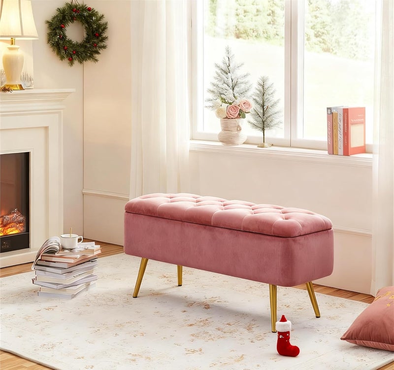 Yaheetech Ottoman with Storage, Velvet Entryway Bench with Safety Hinge, Upholstered Bench with Seating for Bedroom, Living Room, Holds up to 519 lb, Pink - Image 4